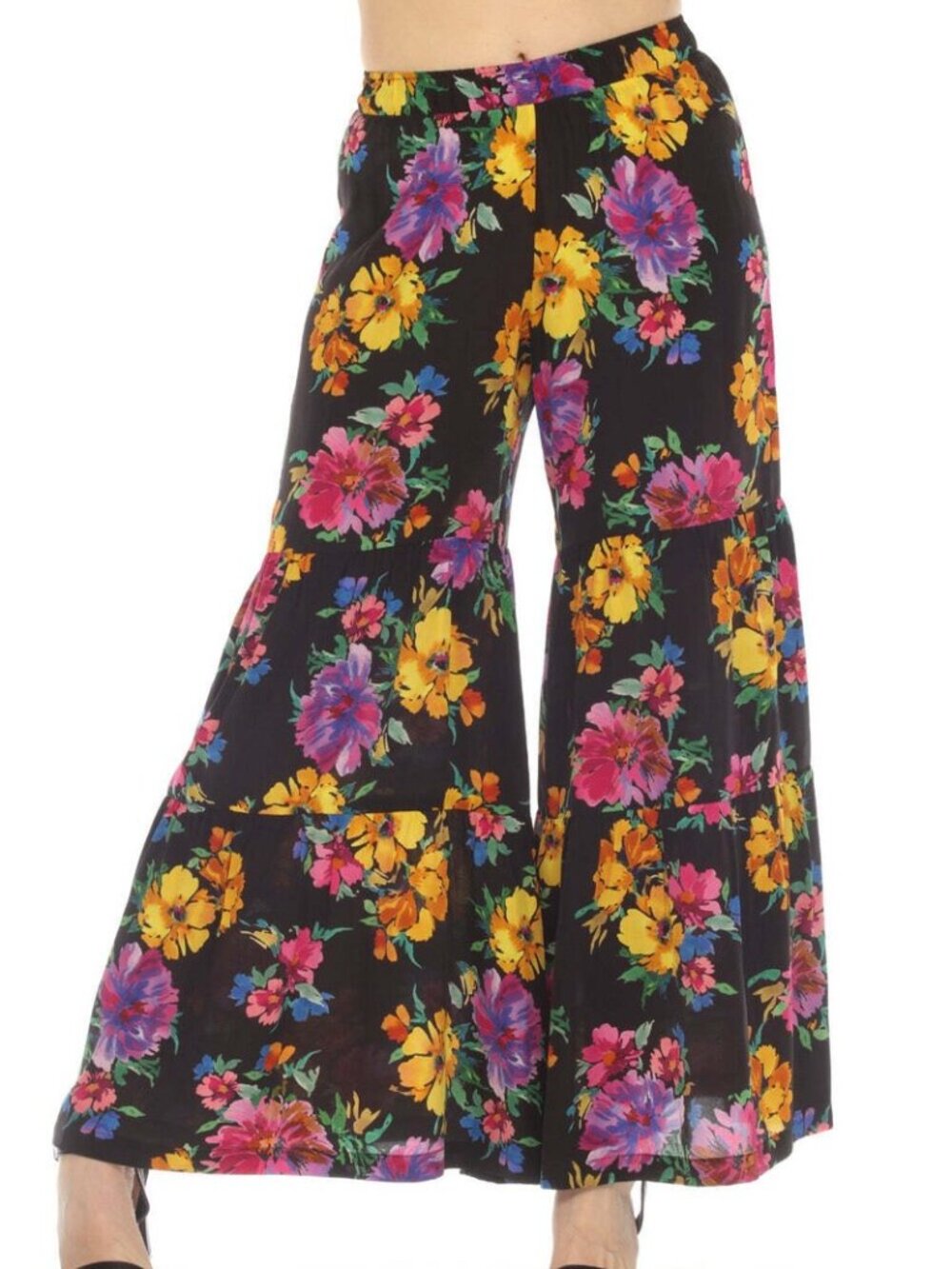 Johnny Was Jade Black Vibrant Floral Tiered Ruffle Wide Leg Palazzo Pants M